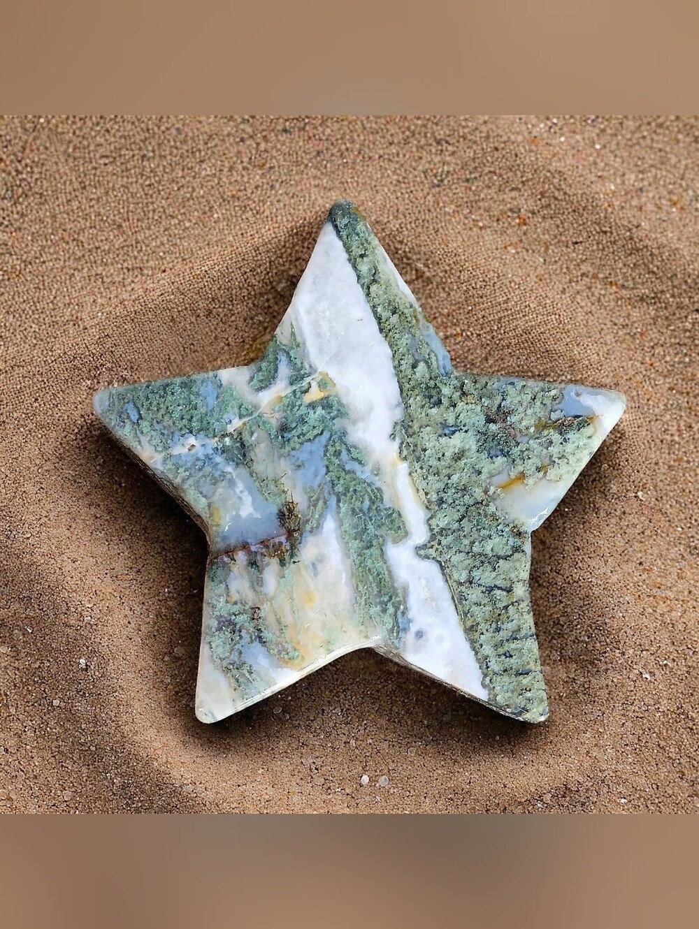 Natural Moss Agate Star Crystal (100g, 3x1") — Grounding & Abundance Carving